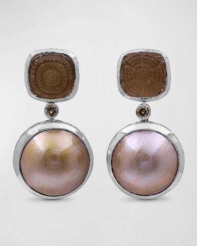 Stephen Dweck Hand-carved Quartz, Sunstone, And Mabe Pearl Earrings - Brown
