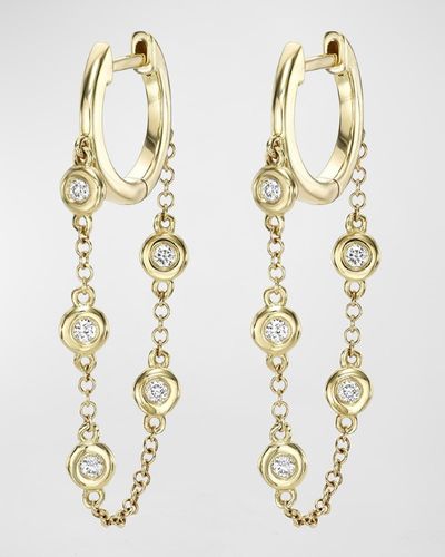 Zoe Lev Gold Huggie Earrings With Bezel Chain - Metallic