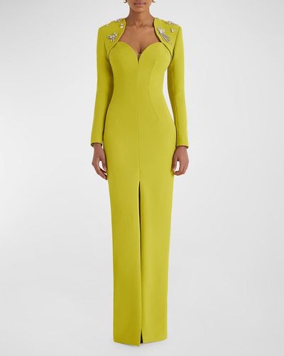 Safiyaa Trixie Crystal Plunging Long-Sleeve Slit-Hem Gown - Yellow