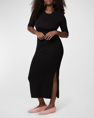 Another Tomorrow Fitted Midi Dress W/ Elbow Sleeves - Black