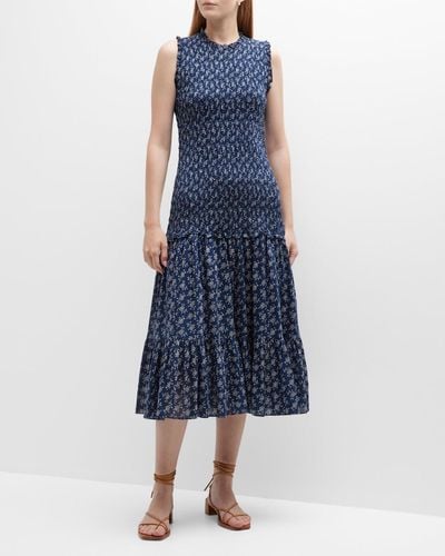 Veronica Beard Verena Floral Smocked Fit-And-Flare Midi Dress - Blue