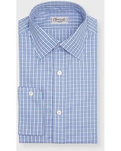 Charvet Cotton Micro-Plaid Dress Shirt - Blue