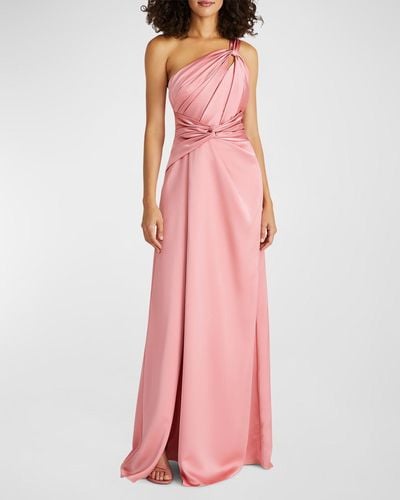THEIA Gloria Pleated Twist-Front One-Shoulder Gown - Pink
