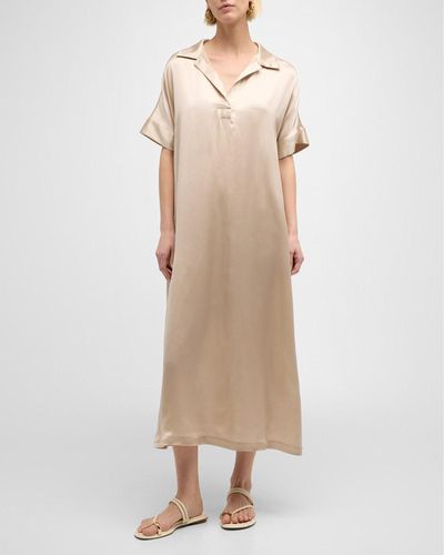 Eleventy Short-Sleeve Silk Midi Shift Dress - Natural