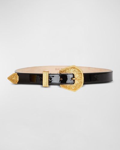 Balmain Western Patent Leather & Brass Belt - Black