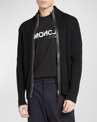 Moncler Ribbed Cardigan With Leather Trim - Black