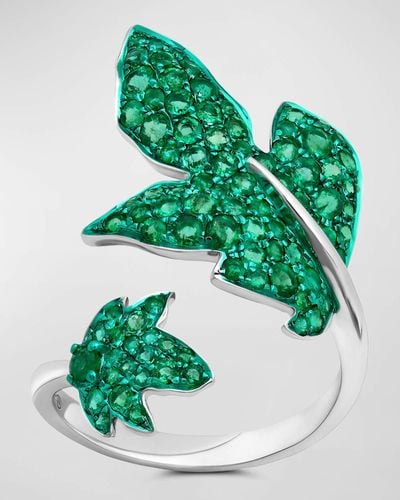 Graziela Gems Large Rhodium And Emerald Folha Ring, Size 7 - Green