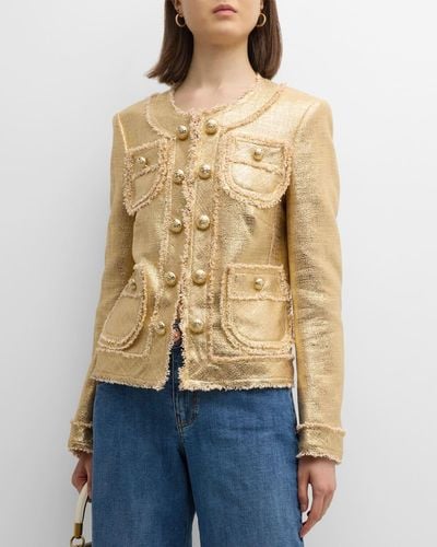 Maison Common Cotton-Blend Lacquered 4-Pocket Fringed Jacket - Natural
