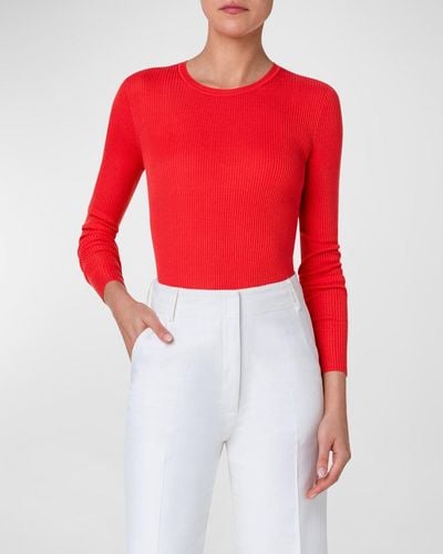 Akris Silk Cotton Seamless Rib Fitted Sweater - Red