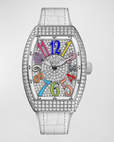 Franck Muller Vanguard 32mm Color Dreams All-diamond Watch W/ Alligator Strap, White - Gray