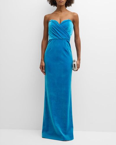 Rebecca Vallance Bernadette Strapless Velvet Column Gown - Blue
