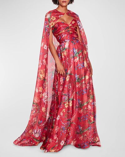 Marchesa Cutout Floral-Print Sweetheart Cape Gown - Red