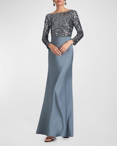 Sachin & Babi Colette Long-Sleeve Sequin Satin A-Line Gown - Blue