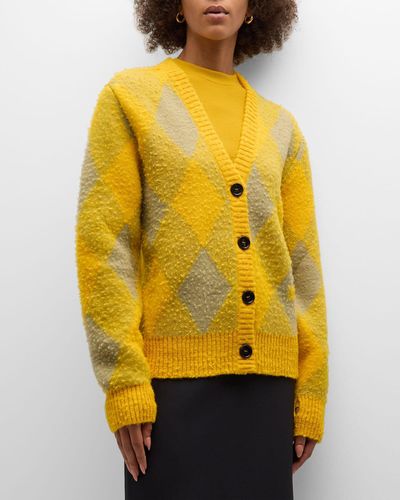 Burberry Check V-Neck Wool Cardigan - Yellow