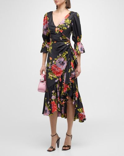 Cinq À Sept Theda Chrysanthemum-Print Faux-Wrap Midi Dress - Multicolor