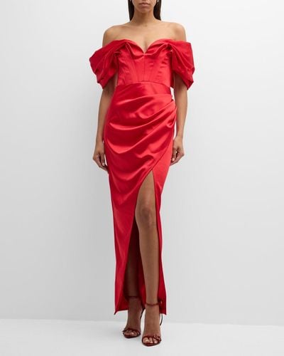 GIGII'S Laura Off-Shoulder Draped Column Gown - Red