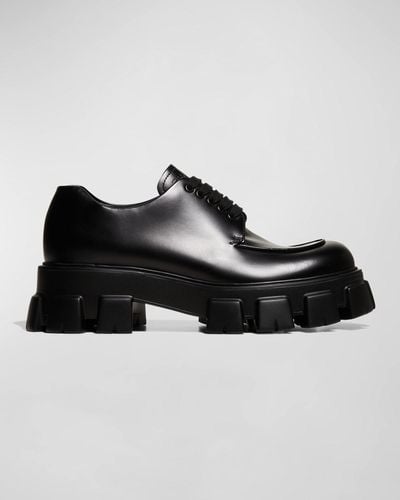 Prada Monolith Lug-Sole Leather Derby Shoes - Black