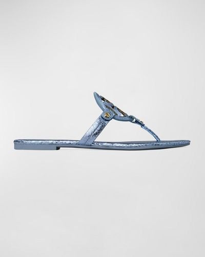 Tory Burch Miller Metallic Embossed Logo Thong Sandals - Blue