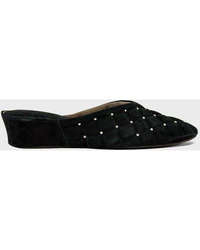 Jacques Levine Quilted Suede Studded Wedge Slippers - Black