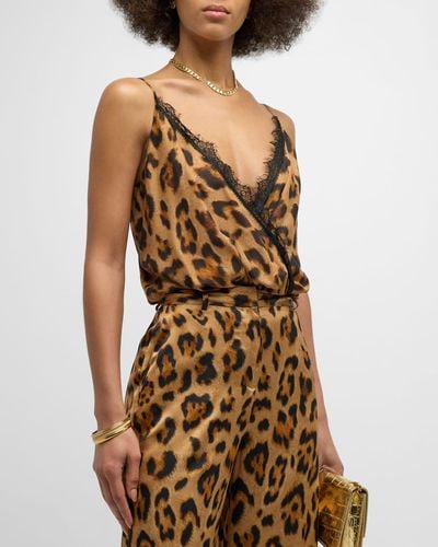 L'Agence Jaxon Leopard Lace-trim Bodysuit - Brown