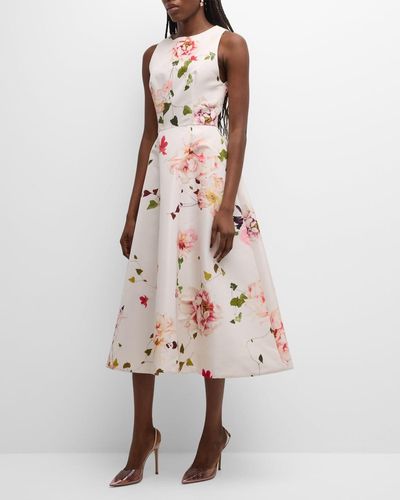 Monique Lhuillier Fit-And-Flare Floral Print Midi Dress - Pink