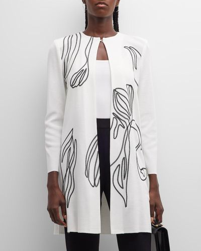 Misook Abstract Embroidered Side-Slit Jacket - White