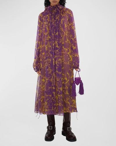 Burberry Chiffon Midi Dress With Floral Applique Detail - Purple
