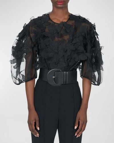 Carolina Herrera Floral Embroidered Puff-Sleeve Sheer Top - Black
