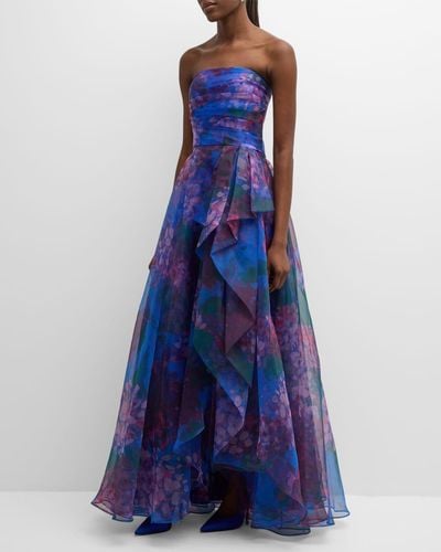 THEIA Dorian Strapless Floral-Print Organza Gown - Blue