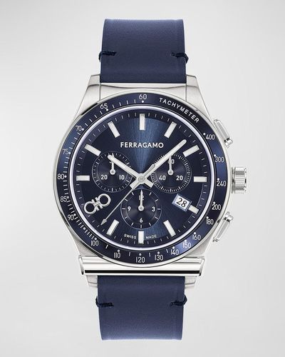 Ferragamo 42Mm 1927 Chrono Watch With Leather Strap - Blue