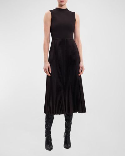 Theory Sleeveless Satin Pleated Combo Midi Dress - Black