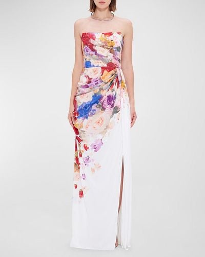 LEO LIN Anastasia Pleated Floral-Print Bustier Gown - White