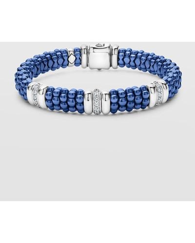 Lagos Blue Caviar Ultramarine Ceramic 3-stations With 1-diamond Row 9mm Rope Bracelet