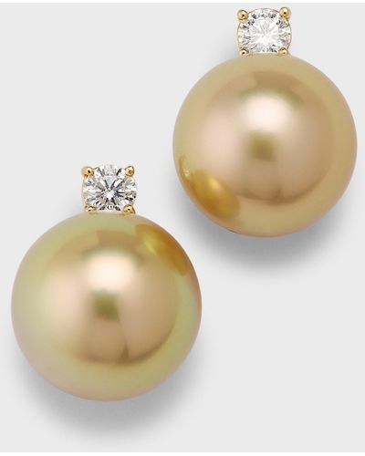 Belpearl 18k Yellow Gold Pave Diamond And Golden South Sea Pearl Earrings - Natural