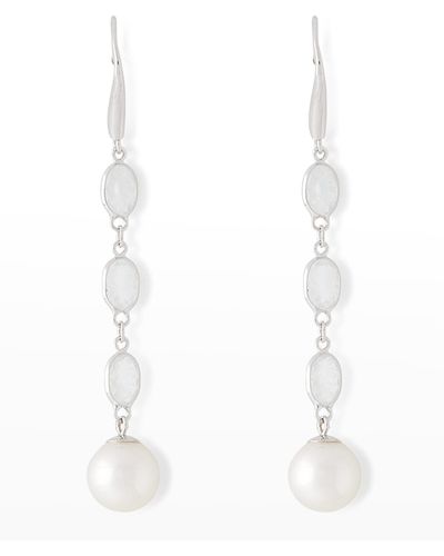 Pearls By Shari 18k White Gold Oval Moonstone And 8mm Akoya Pearl Drop Earrings