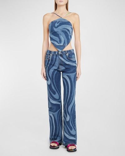 Emilio Pucci Mid-Rise Swirl-Print Denim Straight-Leg Pants - Blue