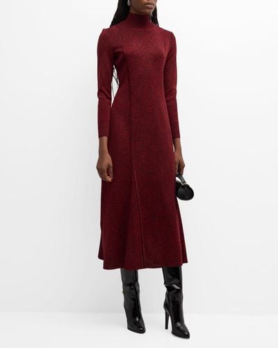 Misook Turtleneck Godet Knit Midi Dress - Red