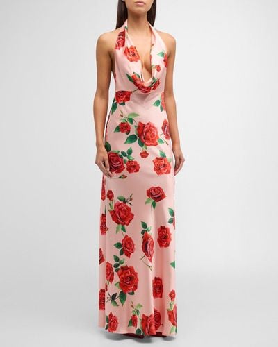 SAU LEE Presley Backless Floral Satin Halter Gown - Red