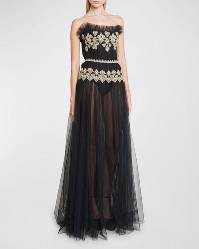 Zuhair Murad Crystal Embroidered Detachable-Sleeves Off-The-Shoulder Tulle Gown - Black