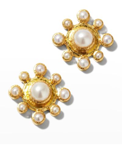 Elizabeth Locke 6mm White Pearl Stud Earrings With Pearl Halo - Metallic