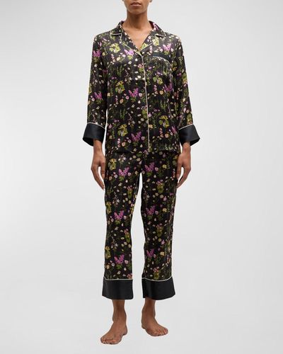 Neiman Marcus Printed Cropped Silk Charmeuse Pajama Set - Black
