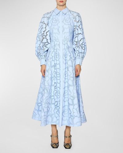 Huishan Zhang Lilli Floral Lace Blouson-Sleeve Maxi Shirtdress - Blue