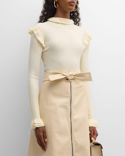 Marie Oliver Tinley Ribbed Mock-Neck Ruffle-Trim Sweater - Natural