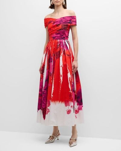 Erdem Off-Shoulder Floral Print Cocktail Dress - Red