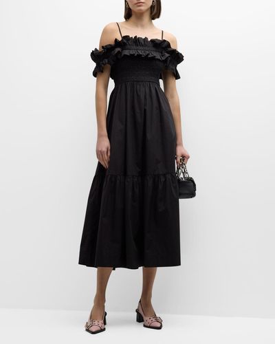 Ganni Smocked A-Line Cotton Poplin Midi Dress - Black