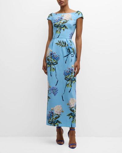 Monique Lhuillier Hydrangea-print Cap-sleeve Faille Column Gown - Blue