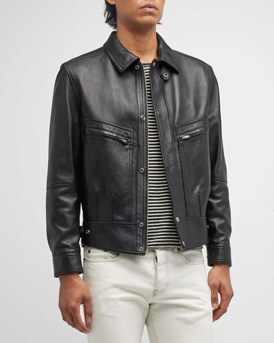 Saint Laurent Leather Bomber Jacket - Gray