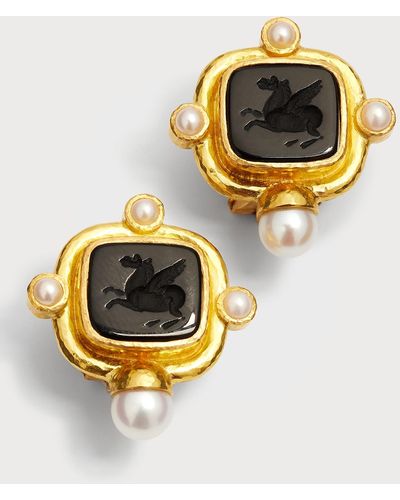 Elizabeth Locke 19k Yellow Gold Venetian Glass Intaglio Square Pegasus Earrings With Pearls - Metallic