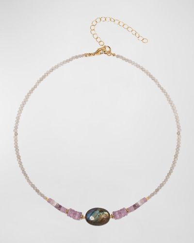 Sequin Beaded Labradorite, Lepidolite And Amethyst Necklace - Natural