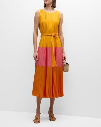 Carolina Herrera Colorblock Pleated Knit Maxi Dress With Tie Belt - Orange